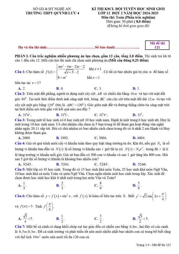 Đề khảo sát HSG Toán 12 đợt 2 năm 2024 – 2025 trường THPT Quỳnh Lưu 4 – Nghệ An