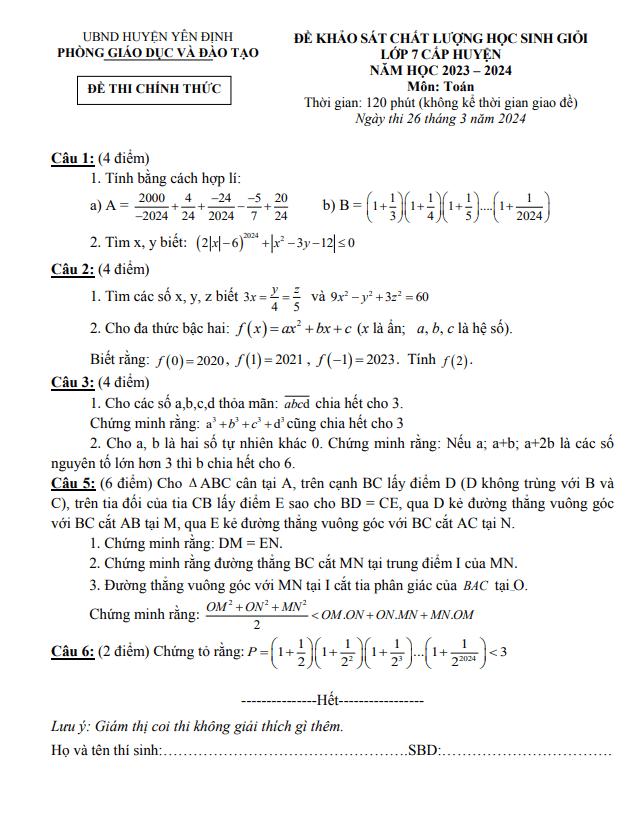 Đề khảo sát HSG Toán 7 năm 2023 – 2024 phòng GD&ĐT Yên Định – Thanh Hóa
