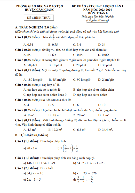 Đề khảo sát lần 1 Toán 6 năm 2023 – 2024 phòng GD&ĐT Cẩm Giàng – Hải Dương