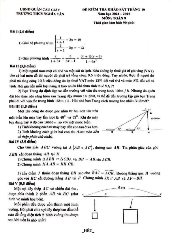 Đề khảo sát tháng 10 Toán 9 năm 2024 – 2025 trường THCS Nghĩa Tân – Hà Nội