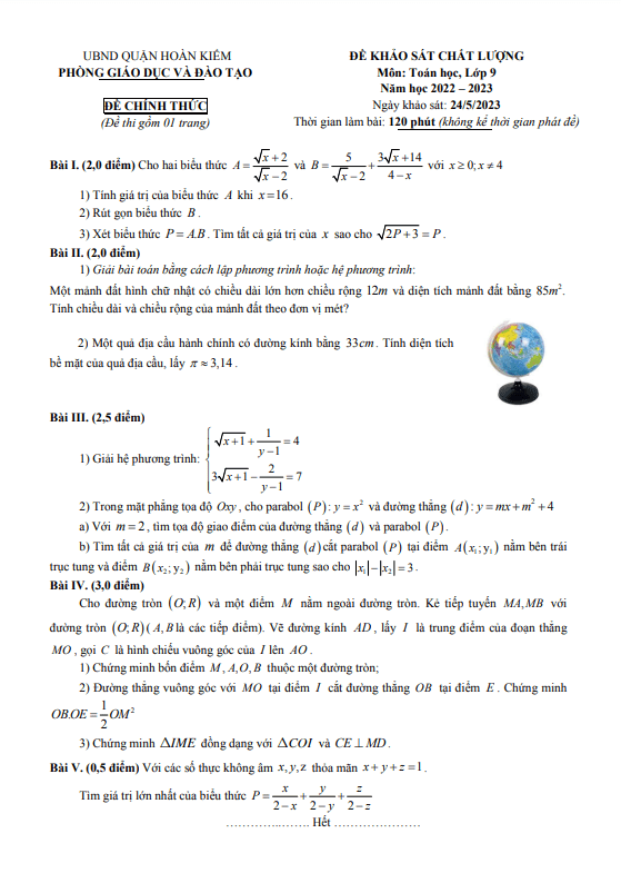 Đề khảo sát Toán 9 năm 2022 – 2023 phòng GD&ĐT Hoàn Kiếm – Hà Nội