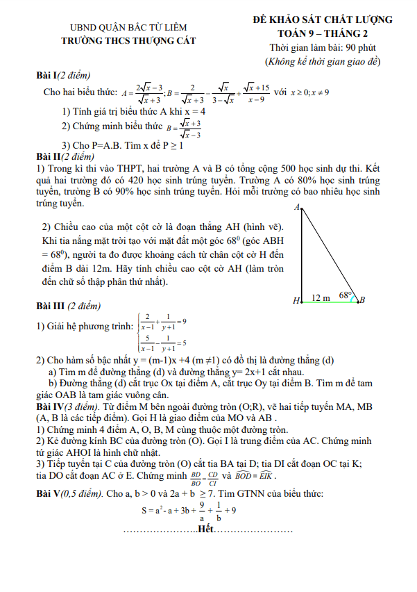 Đề khảo sát Toán 9 tháng 2 năm 2023 trường THCS Thượng Cát – Hà Nội