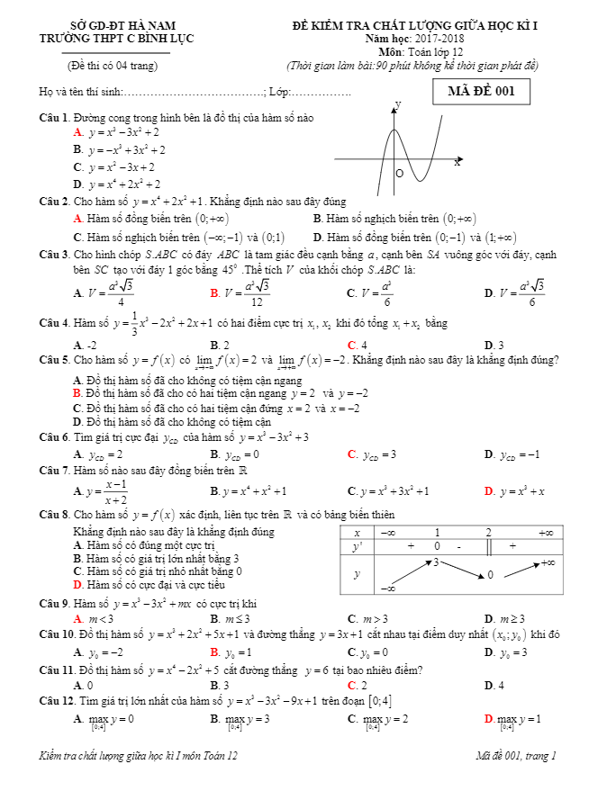 Đề kiểm tra chất lượng giữa HKI năm 2017 – 2018 môn Toán 12 trường C Bình Lục – Hà Nam