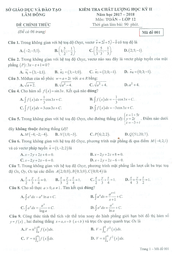 Đề kiểm tra chất lượng HK2 Toán 12 năm học 2017 – 2018 sở GD và ĐT Lâm Đồng