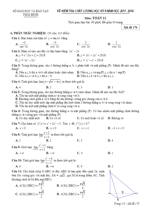 Đề kiểm tra chất lượng học kỳ 2 Toán 11 năm 2017 – 2018 sở GD và ĐT Thái Bình