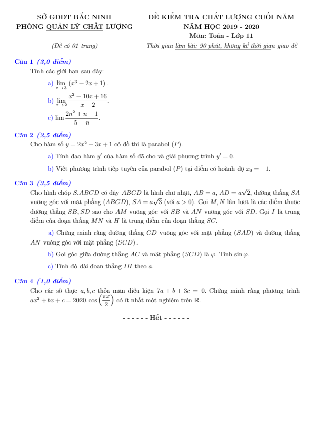 Đề kiểm tra chất lượng Toán 11 cuối năm học 2019 – 2020 sở GD&ĐT Bắc Ninh