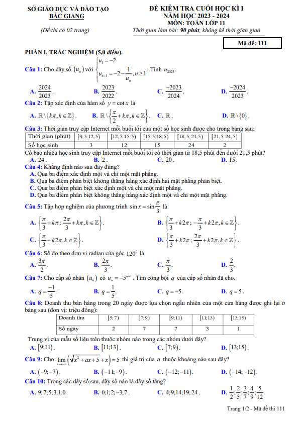 Đề kiểm tra cuối học kì 1 Toán 11 năm 2023 – 2024 sở GD&ĐT Bắc Giang