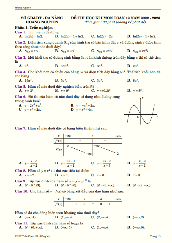Đề kiểm tra cuối học kì 1 Toán 12 năm 2022 – 2023 sở GD&ĐT Đà Nẵng