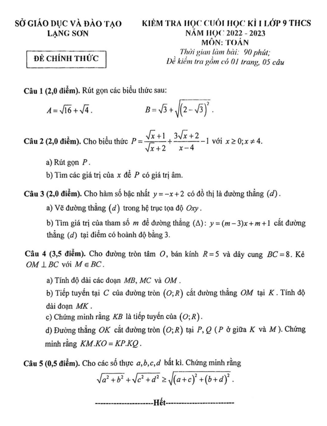 Đề kiểm tra cuối học kì 1 Toán 9 năm 2022 – 2023 sở GD&ĐT Lạng Sơn