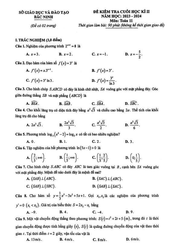 Đề kiểm tra cuối học kì 2 Toán 11 năm 2023 – 2024 sở GD&ĐT Bắc Ninh