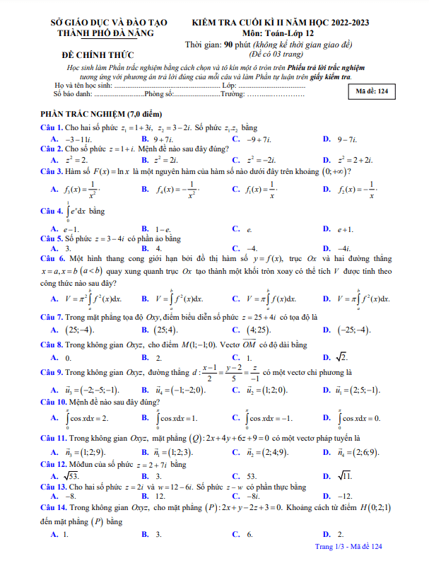 Đề kiểm tra cuối học kì 2 Toán 12 năm 2022 – 2023 sở GD&ĐT Đà Nẵng