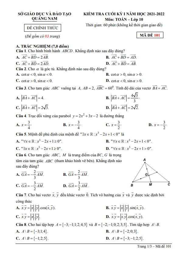 Đề kiểm tra cuối học kỳ 1 Toán 10 năm 2021 – 2022 sở GD&ĐT Quảng Nam