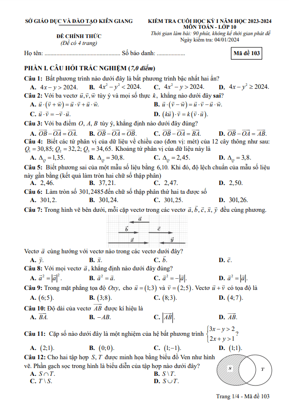 Đề kiểm tra cuối học kỳ 1 Toán 10 năm 2023 – 2024 sở GD&ĐT Kiên Giang