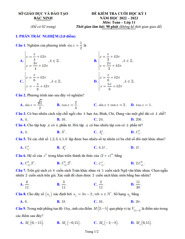 Đề kiểm tra cuối học kỳ 1 Toán 11 năm 2022 – 2023 sở GD&ĐT Bắc Ninh