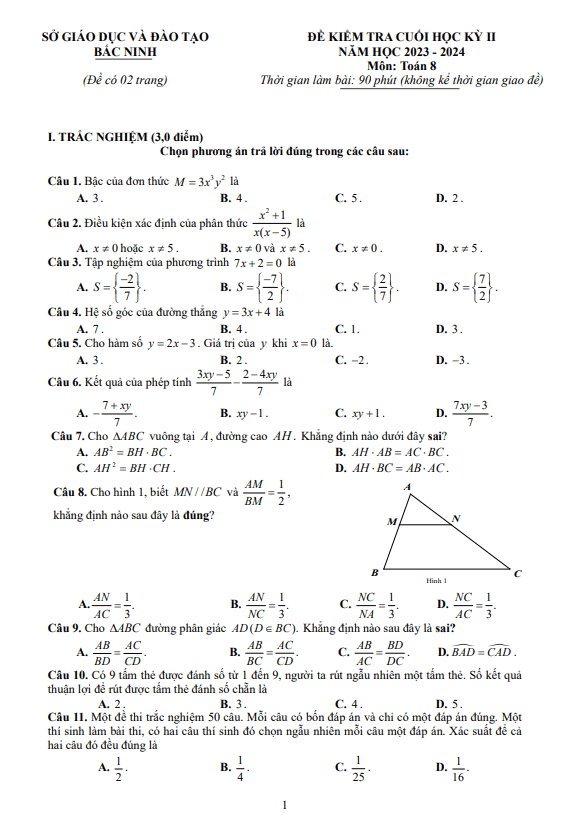 Đề kiểm tra cuối học kỳ 2 Toán 8 năm 2023 – 2024 sở GD&ĐT Bắc Ninh