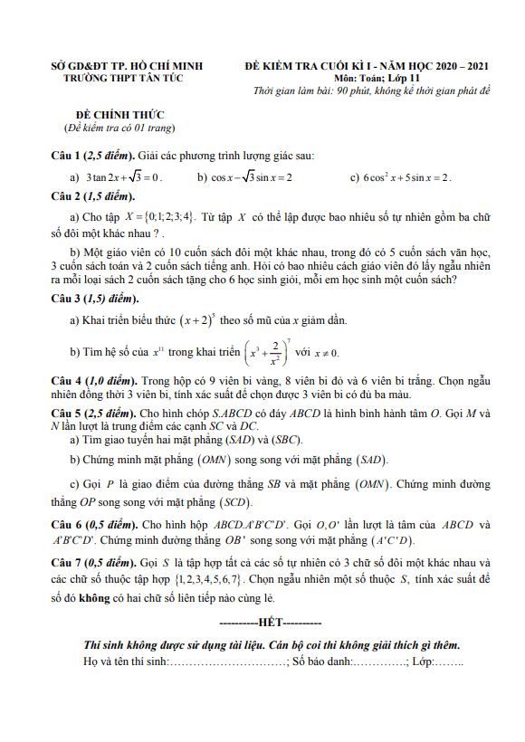 Đề kiểm tra cuối kì 1 Toán 11 năm 2020 – 2021 trường THPT Tân Túc – TP HCM
