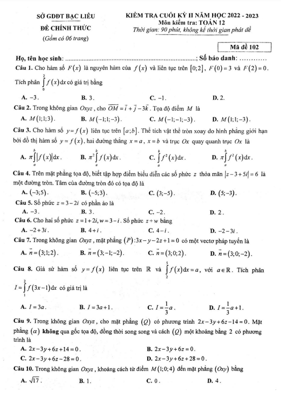 Đề kiểm tra cuối kỳ 2 Toán 12 năm 2022 – 2023 sở GDKHCN Bạc Liêu