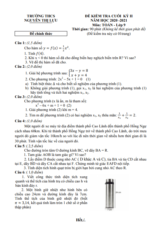 Đề kiểm tra cuối kỳ 2 Toán 9 năm 2020 – 2021 trường THCS Nguyễn Thị Lựu – Đồng Tháp