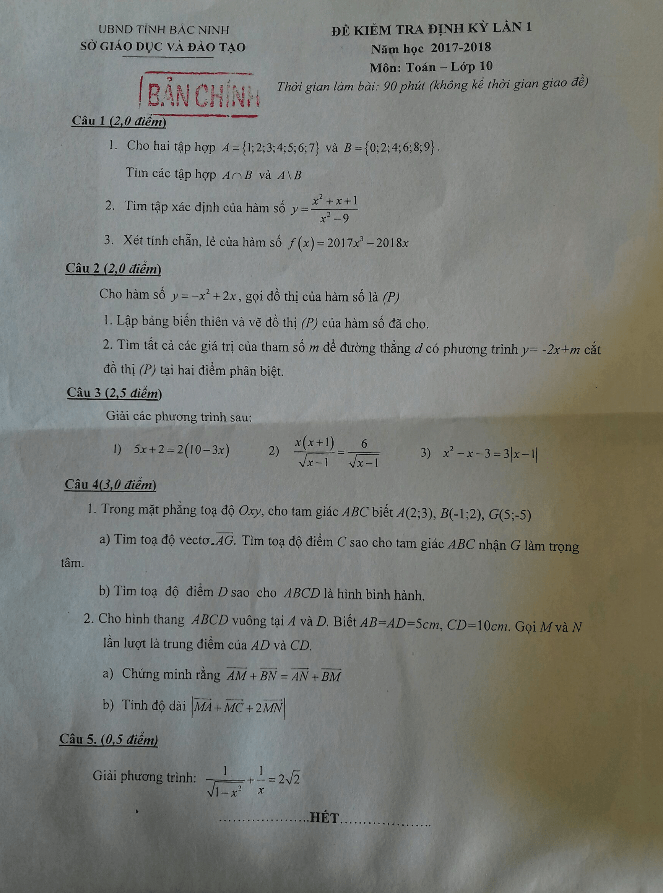 Đề kiểm tra định kỳ lần 1 Toán 10 năm học 2017 – 2018 sở GD và ĐT Bắc Ninh