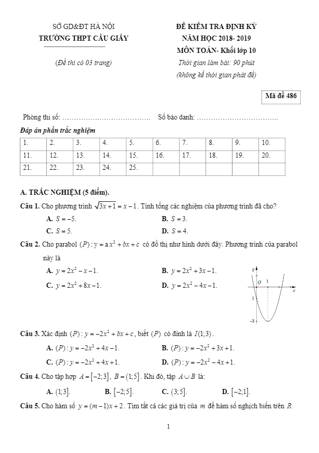 Đề kiểm tra định kỳ Toán 10 năm học 2018 – 2019 trường THPT Cầu Giấy – Hà Nội