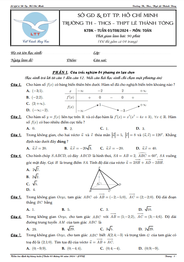 Đề kiểm tra định kỳ Toán 12 tháng 08 năm 2024 trường Lê Thánh Tông – TP HCM