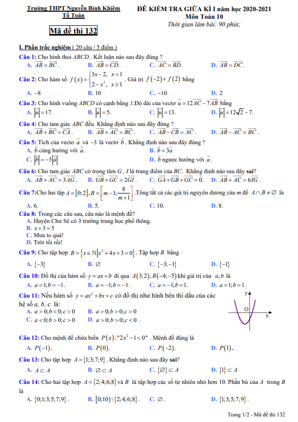 Đề kiểm tra giữa HK1 Toán 10 năm 2020 – 2021 trường Nguyễn Bỉnh Khiêm – Gia Lai