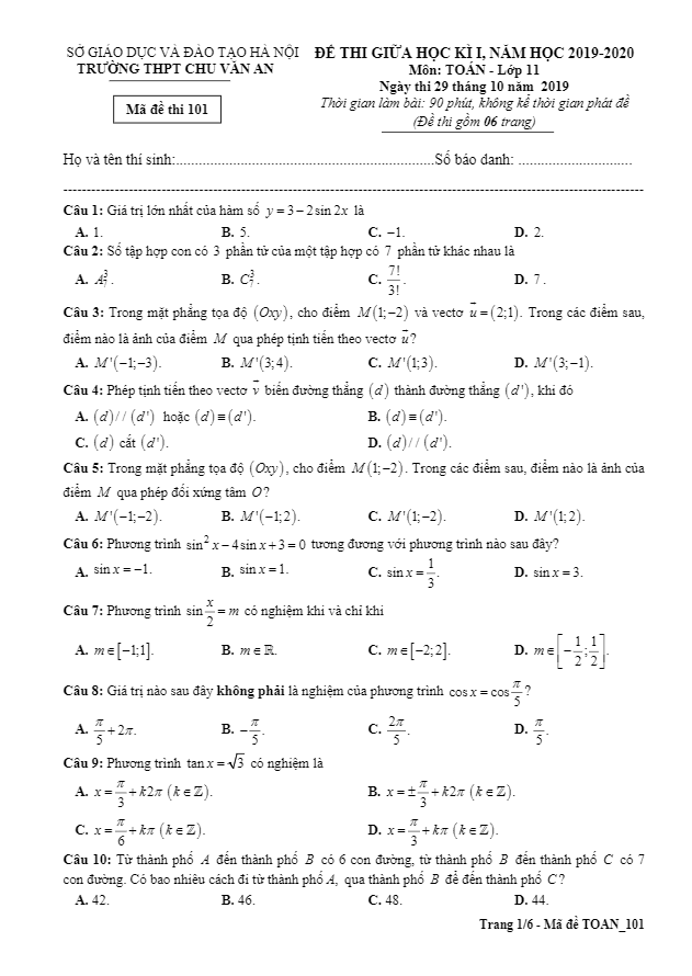 Đề kiểm tra giữa HK1 Toán 11 năm 2019 – 2020 trường Chu Văn An – Hà Nội