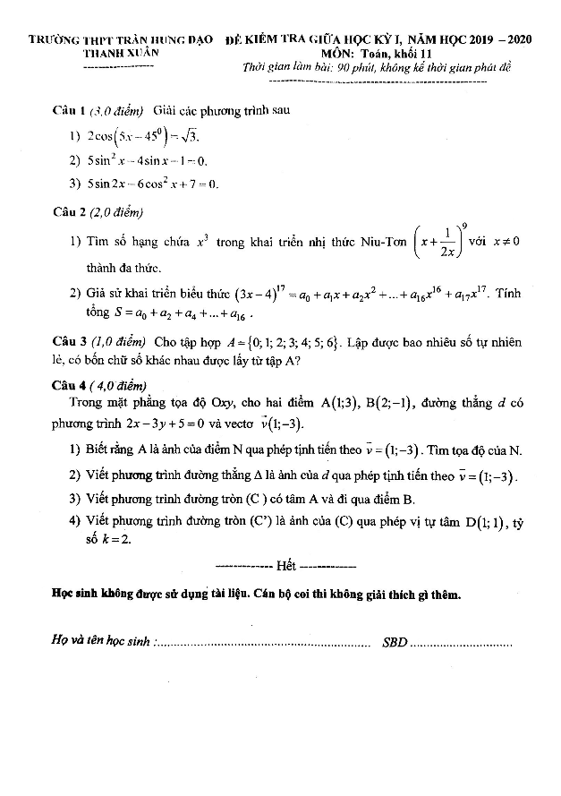 Đề kiểm tra giữa HK1 Toán 11 năm 2019 – 2020 trường Trần Hưng Đạo – Hà Nội