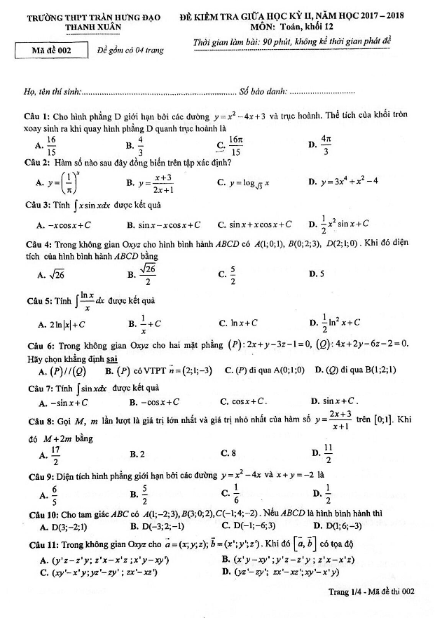 Đề kiểm tra giữa HK2 Toán 12 năm 2017 – 2018 trường THPT Trần Hưng Đạo – Hà Nội