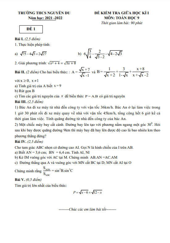 Đề kiểm tra giữa học kì 1 Toán 9 năm 2021 – 2022 trường THCS Nguyễn Du – Hà Nội