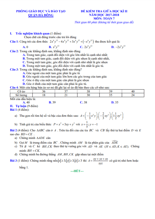 Đề kiểm tra giữa học kì 2 Toán 7 năm 2017 – 2018 phòng GD&ĐT Hà Đông – Hà Nội