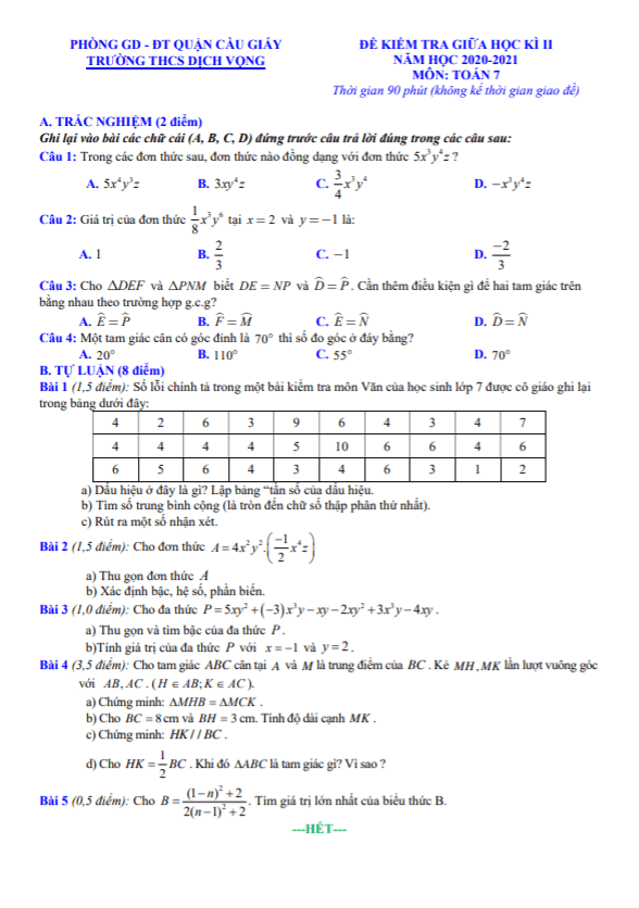 Đề kiểm tra giữa học kì 2 Toán 7 năm 2020 – 2021 trường THCS Dịch Vọng – Hà Nội