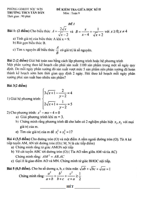 Đề kiểm tra giữa học kì 2 Toán 9 năm 2021 – 2022 trường THCS Tân Dân – Hà Nội