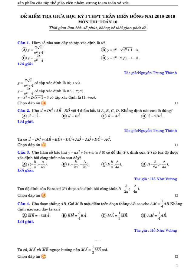 Đề kiểm tra giữa học kỳ 1 Toán 10 năm 2018 – 2019 trường THPT Trấn Biên – Đồng Nai