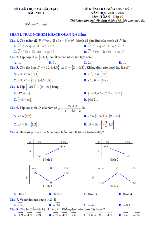 Đề kiểm tra giữa học kỳ 1 Toán 10 năm 2021 – 2022 sở GD&ĐT Bắc Ninh