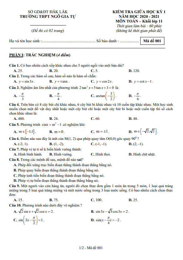 Đề kiểm tra giữa học kỳ 1 Toán 11 năm 2020 – 2021 trường THPT Ngô Gia Tự – Đắk Lắk