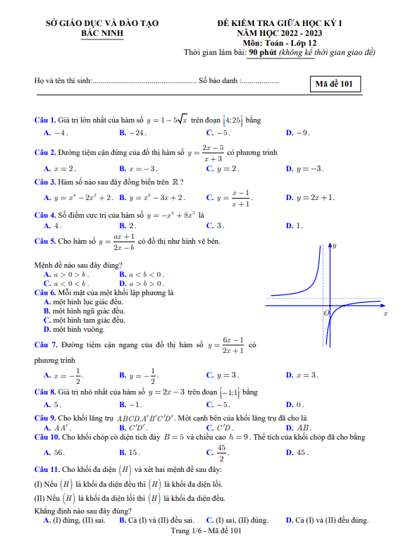Đề kiểm tra giữa học kỳ 1 Toán 12 năm 2022 – 2023 sở GD&ĐT Bắc Ninh
