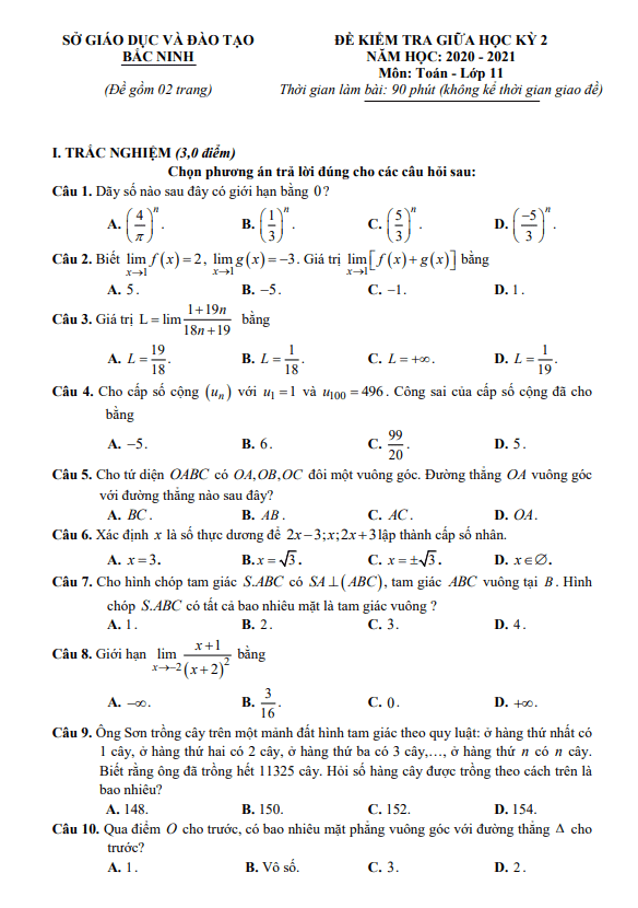 Đề kiểm tra giữa học kỳ 2 Toán 11 năm 2020 – 2021 sở GD&ĐT Bắc Ninh