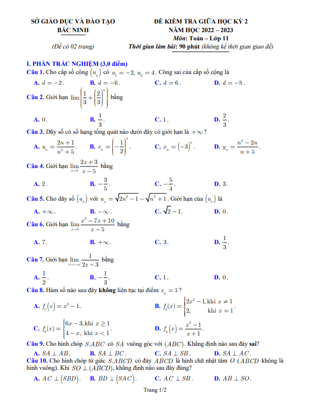 Đề kiểm tra giữa học kỳ 2 Toán 11 năm 2022 – 2023 sở GD&ĐT Bắc Ninh