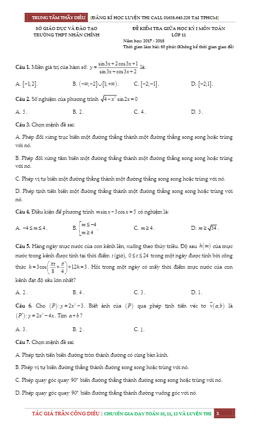 Đề kiểm tra giữa học kỳ I môn Toán 11 năm học 2017 – 2018 trường THPT Nhân Chính – Hà Nội