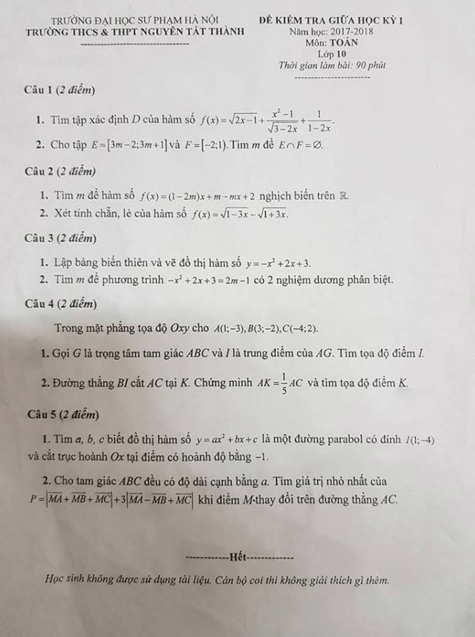 Đề kiểm tra giữa học kỳ I năm học 2017-2018 môn Toán 10 trường THCS – THPT Nguyễn Tất Thành – Hà Nội