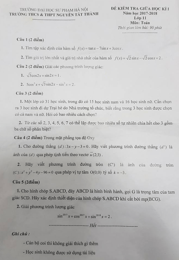 Đề kiểm tra giữa học kỳ I năm học 2017 – 2018 môn Toán 11 trường THCS – THPT Nguyễn Tất Thành – Hà Nội