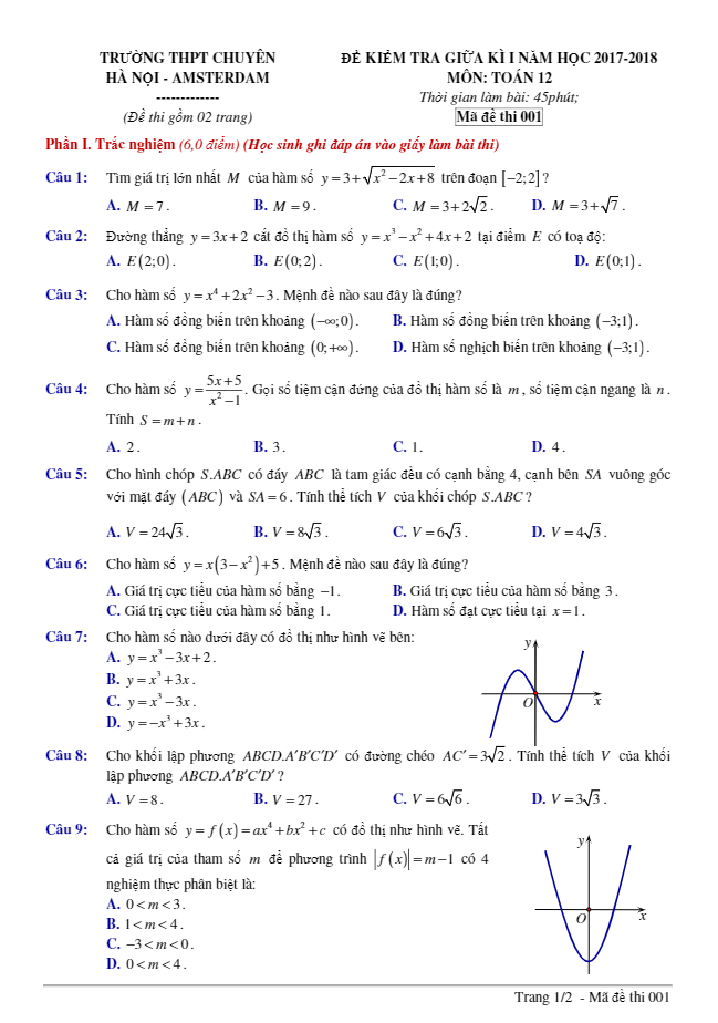 Đề kiểm tra giữa học kỳ I năm học 2017 – 2018 môn Toán 12 trường THPT chuyên Hà Nội – Amsterdam