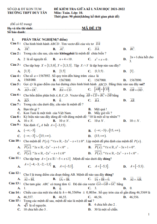 Đề kiểm tra giữa kì 1 Toán 10 năm 2021 – 2022 trường THPT Duy Tân – Kon Tum