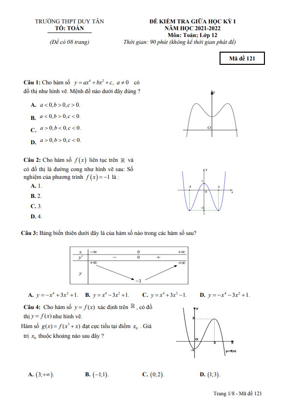 Đề kiểm tra giữa kì 1 Toán 12 năm 2021 – 2022 trường THPT Duy Tân – Kon Tum