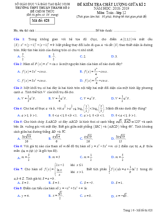 Đề kiểm tra giữa kì 2 Toán 12 năm 2018 – 2019 trường Thuận Thành 3 – Bắc Ninh