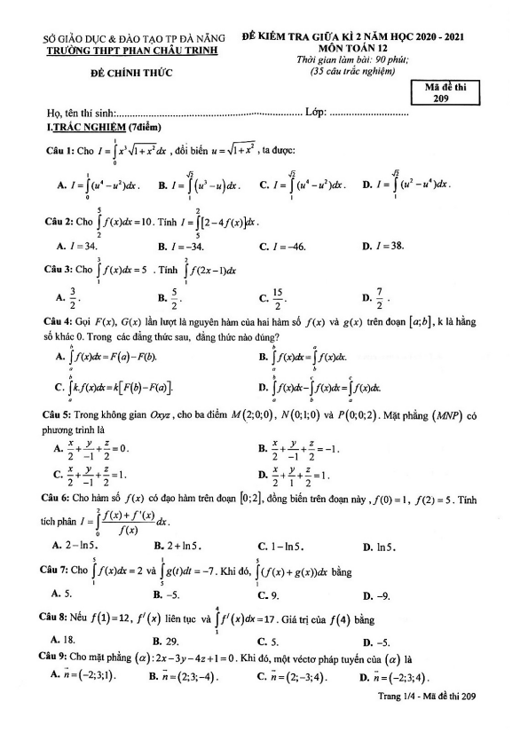 Đề kiểm tra giữa kì 2 Toán 12 năm 2020 – 2021 trường Phan Châu Trinh – Đà Nẵng
