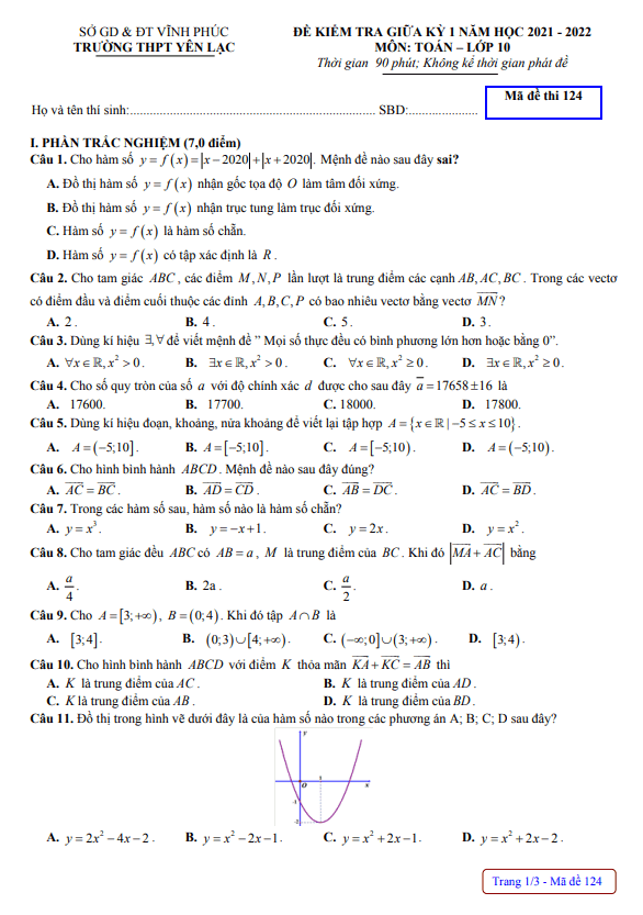 Đề kiểm tra giữa kỳ 1 Toán 10 năm 2021 – 2022 trường THPT Yên Lạc – Vĩnh Phúc