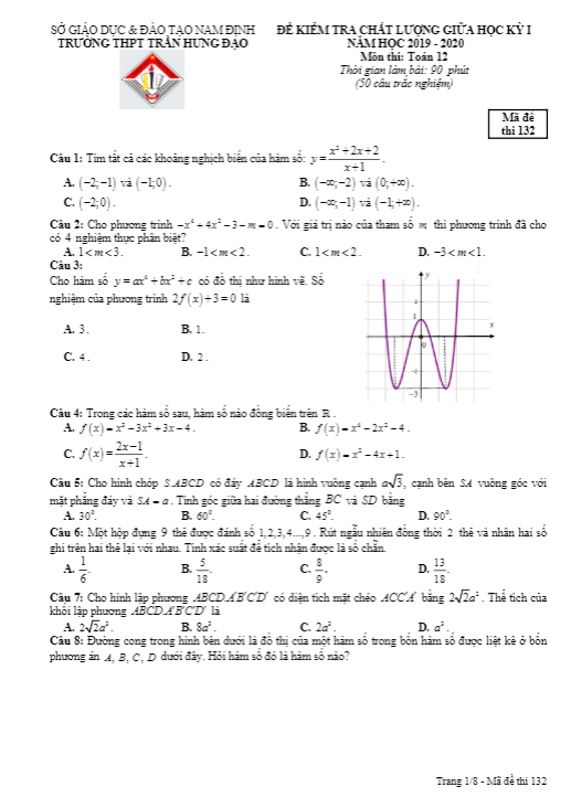 Đề kiểm tra giữa kỳ 1 Toán 12 năm 2019 – 2020 trường Trần Hưng Đạo – Nam Định