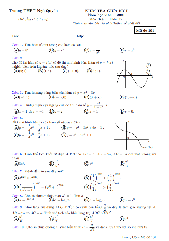 Đề kiểm tra giữa kỳ 1 Toán 12 năm 2020 – 2021 trường THPT Ngô Quyền – Bình Thuận